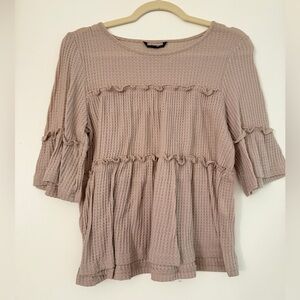 SHEIN Taupe Waffle Ruffle Tiered Tunic Top